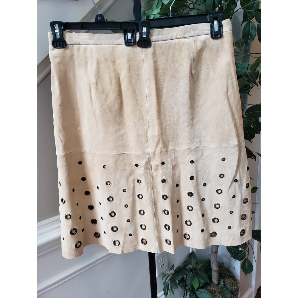 Terry Lewis Mini Skirt Women Size 18P Beige Solid Leather Grommet Lined Side Zip